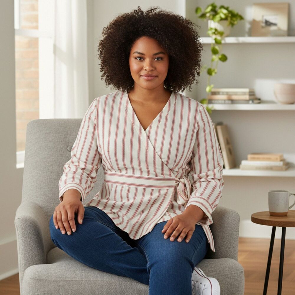 Lane Bryant Womens Top Size 26 Stripe Faux Wrap Side Buckle Long Sleeve Side Zip